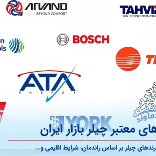 لوگوی برندهای برتر چیلر شامل آتا انرژی، ترین، جانسون کنترلز و برندهای معتبر داخلی