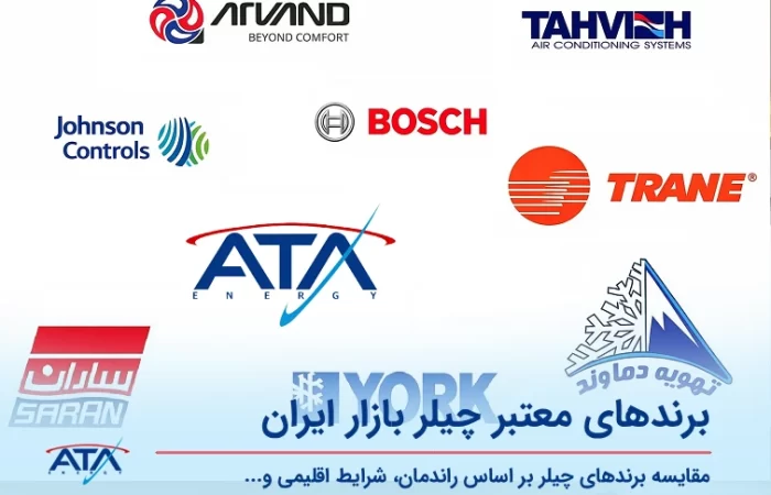 لوگوی برندهای برتر چیلر شامل آتا انرژی، ترین، جانسون کنترلز و برندهای معتبر داخلی