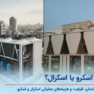 مقایسه ظاهری چیلر اسکرال با چندین کمپرسور آبی‌رنگ و چیلر اسکرو با کمپرسورهای سبز بزرگ