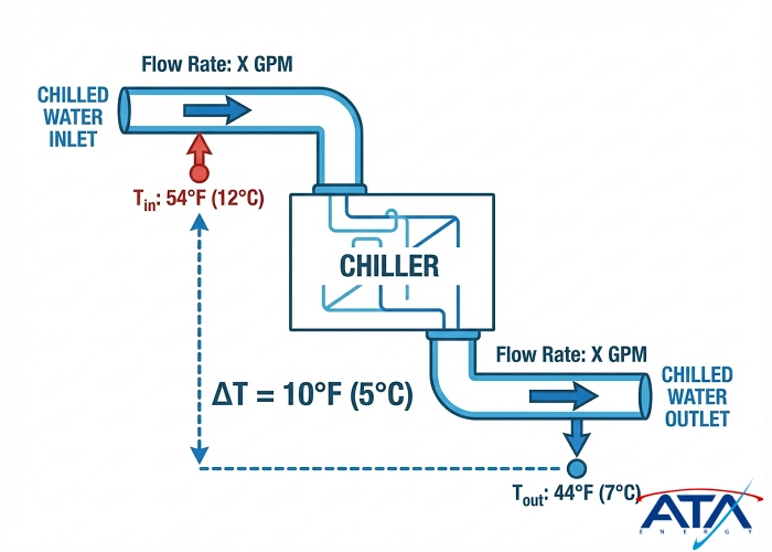 دیاگرام مهندسی جریان آب چیلر شامل نمایش دمای ورود و دمای خروج
