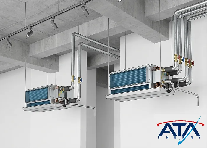 فن‌کویل دو لوله‌ای با یک ورودی و خروجی و فن‌کویل چهار لوله‌ای با دو مدار مجزای گرمایش و سرمایش در سقف