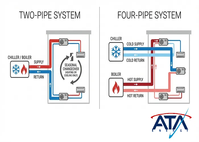 اینفوگرافیک مقایسه‌ای مدار لوله‌کشی فن‌کویل دو لوله و چهار لوله